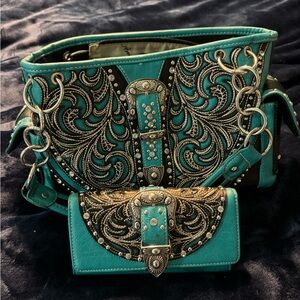 Elegant Turquoise Embroidered Women's Bag Set